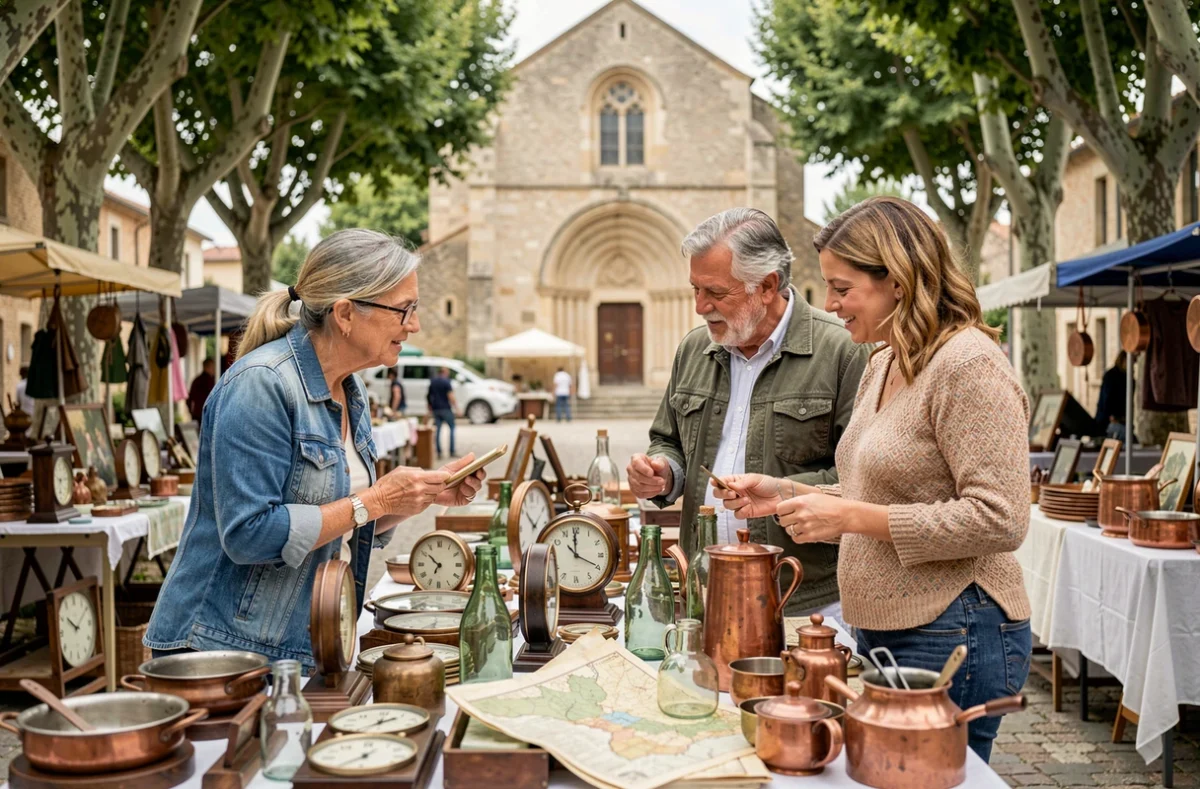 Groupe de chineurs découvrant des objets anciens sur une table de brocante en Aveyron près d'une église romane