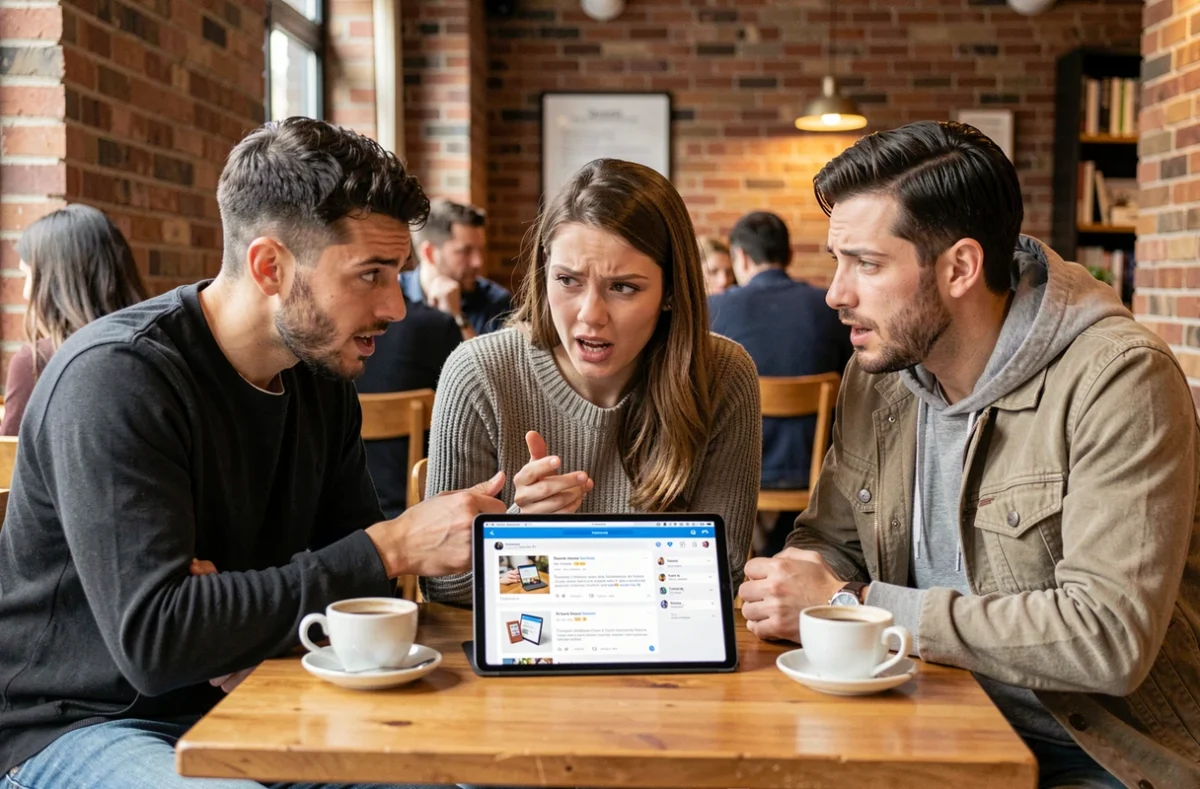 Groupe de consommateurs discutant d'avis sur un forum autour d'une tablette dans un café