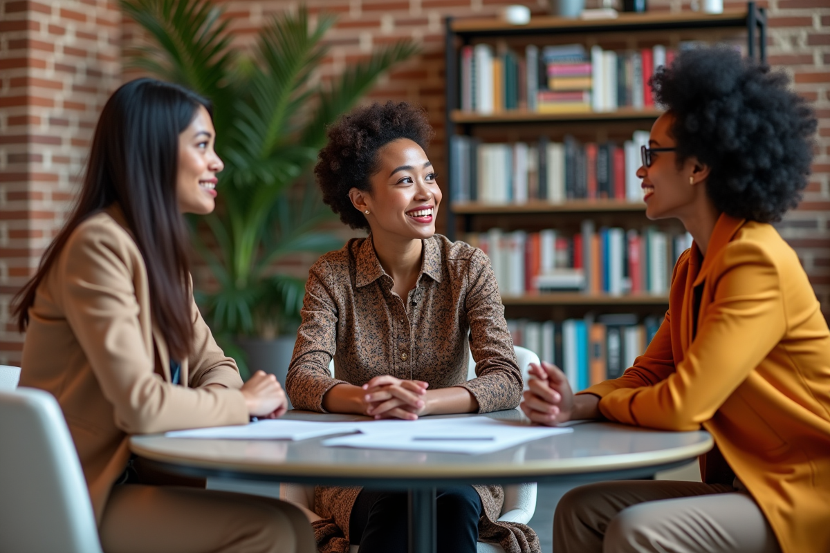 Groupe de jeunes adultes discutant mode dans un loft lumineux