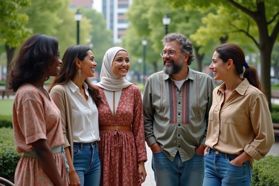 Groupe divers d'adultes et adolescents dans un parc urbain