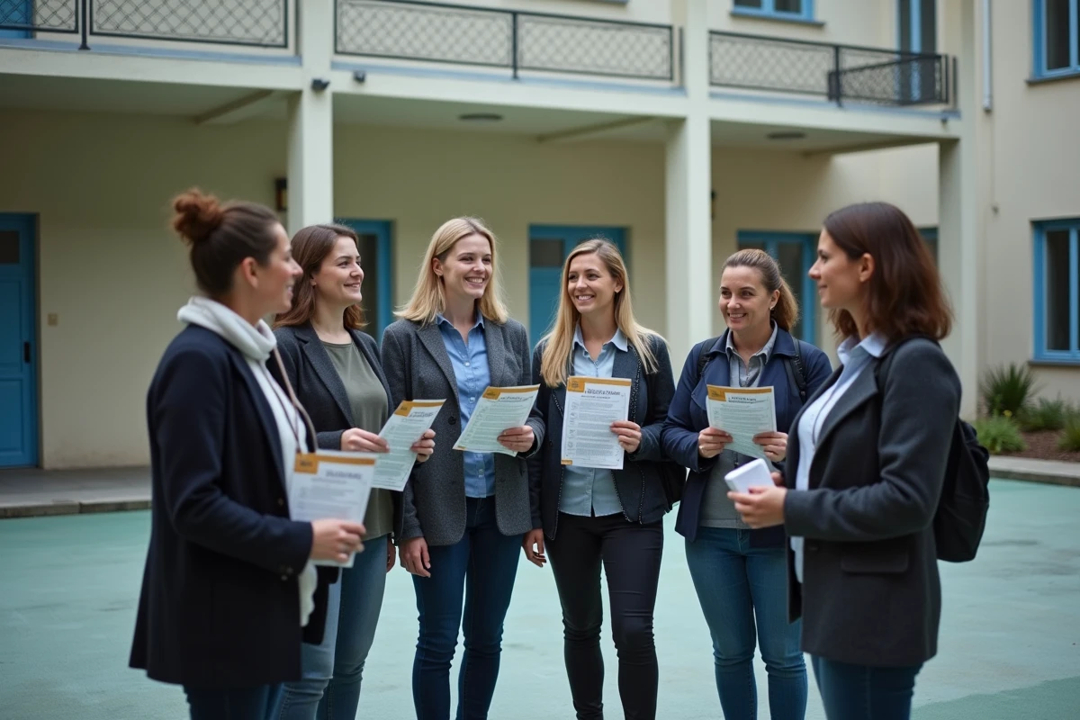 Groupe d'enseignants en grève réunis dans la cour extérieure d'une école maternelle française