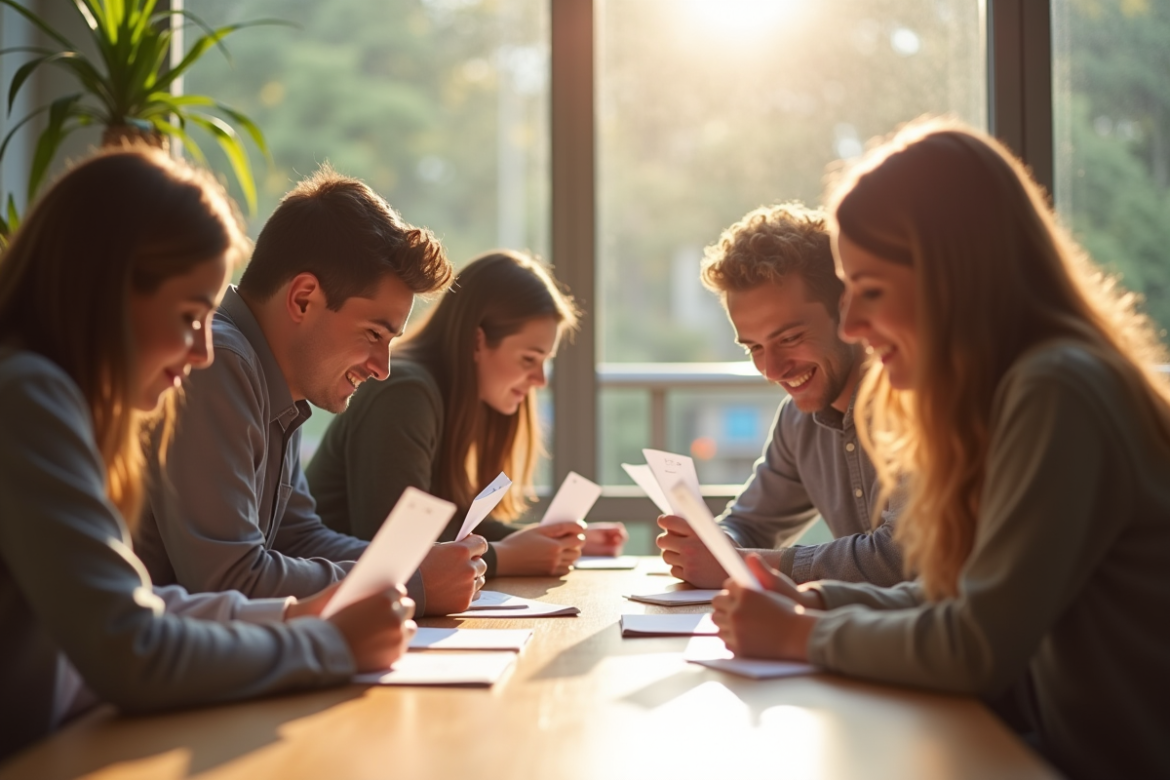 Groupe d'étudiants divers étudiant avec flashcards