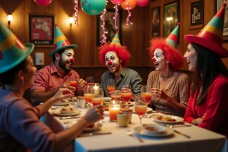 Groupe d'adultes en costumes colorés lors d'une fête conviviale