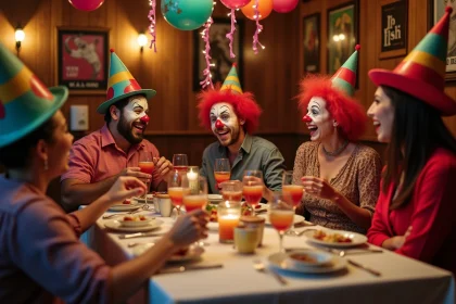 Groupe d'adultes en costumes colorés lors d'une fête conviviale