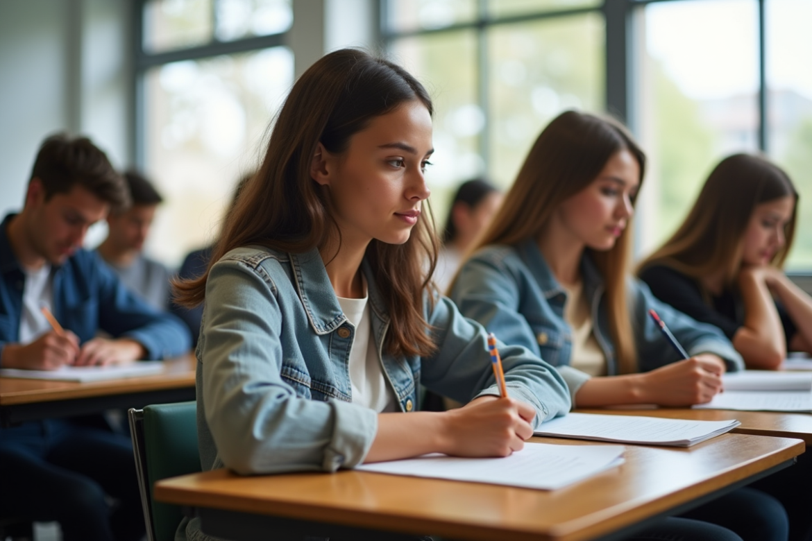Groupe de jeunes adultes passant un examen dans une salle lumineuse