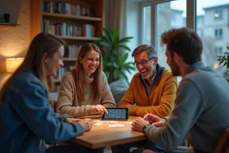 Groupe de quatre adultes jouant à la belote en ligne dans un salon chaleureux