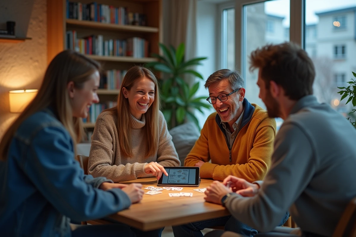 Groupe de quatre adultes jouant à la belote en ligne dans un salon chaleureux