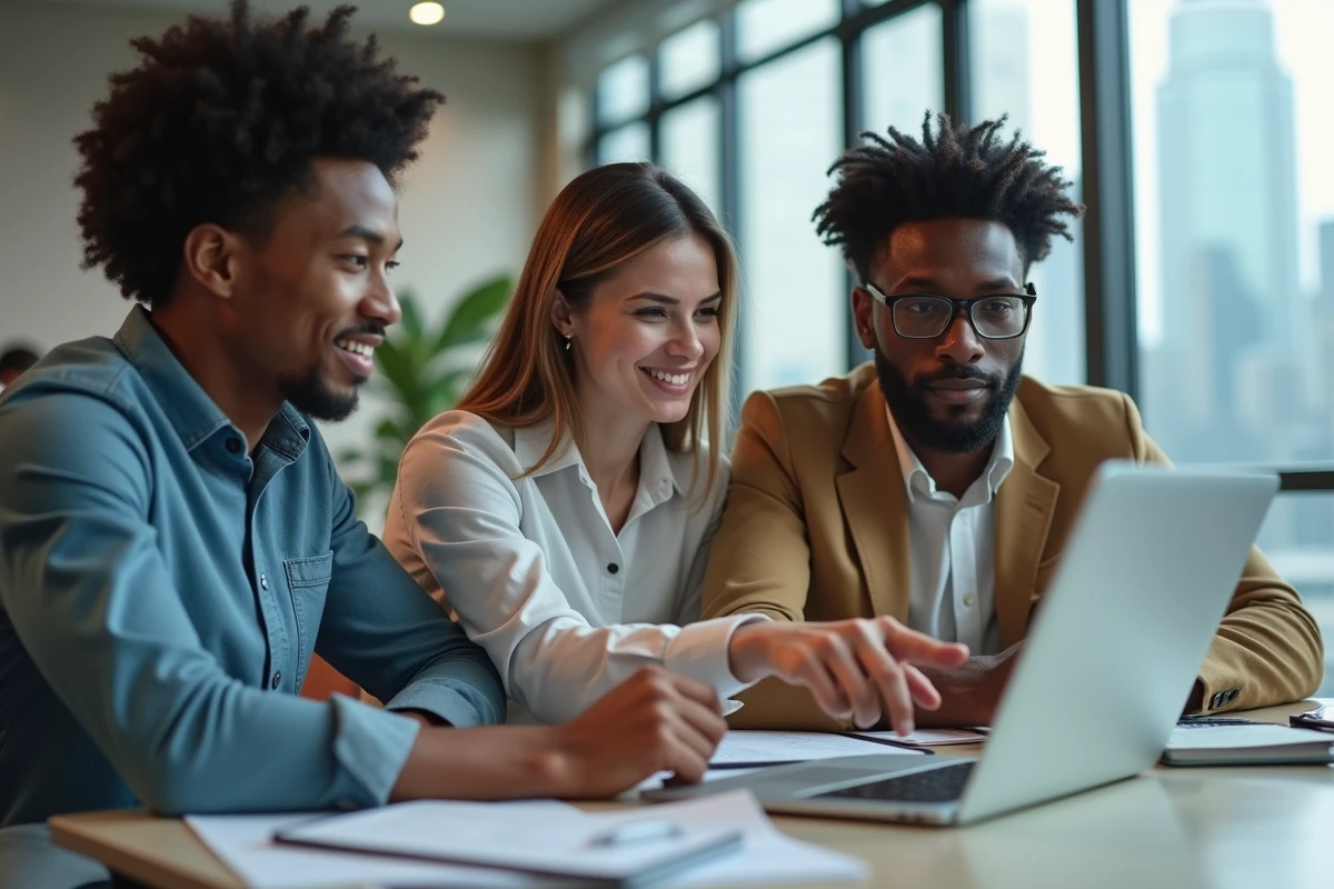 Groupe de jeunes professionnels collaborant autour d'un ordinateur pour optimiser un profil en ligne