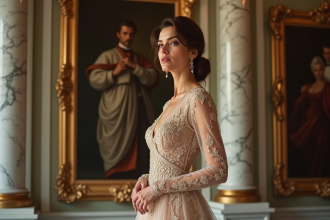 Femme élégante en robe haute couture dans un salon luxueux