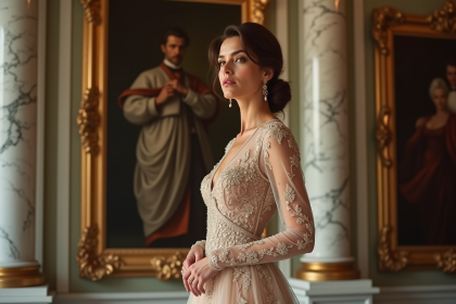 Femme élégante en robe haute couture dans un salon luxueux