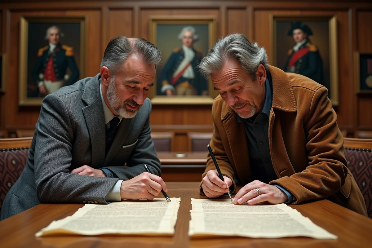 Deux historiens amateurs comparant une lettre originale napoléonienne et une version générée par napoleonseries.com dans une salle de société historique