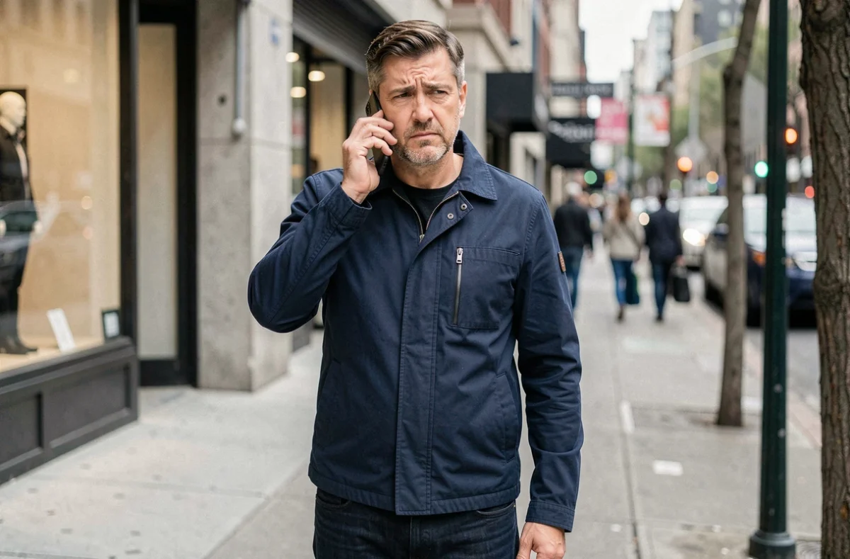 Homme en ville tentant d'appeler depuis son téléphone et suspectant que son numéro est bloqué