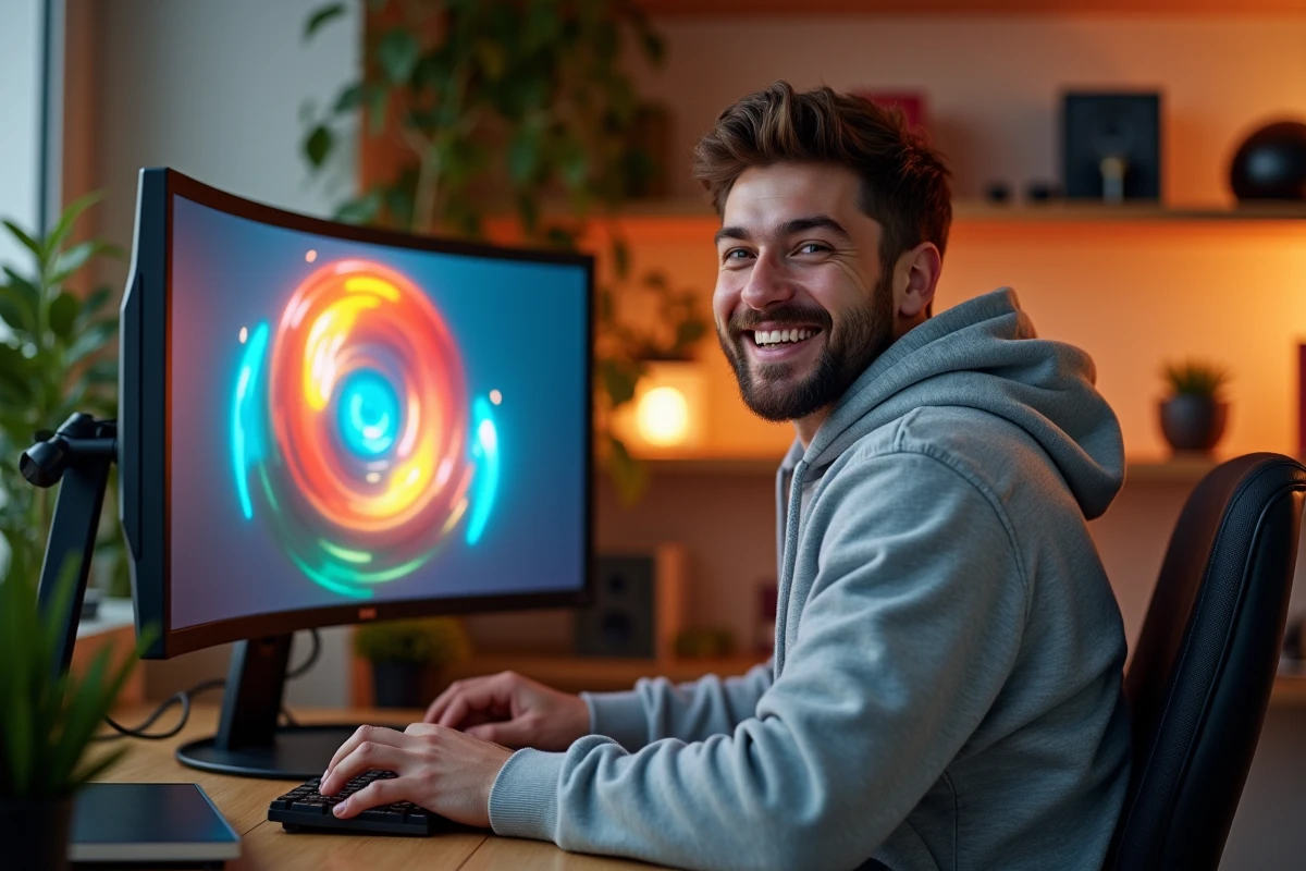Homme souriant devant un écran affichant l'animation Do a Barrel Roll en plein écran sur Google