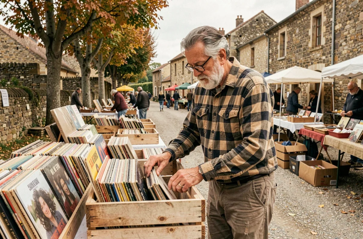 Homme chinant des disques vinyles anciens dans une brocante à ciel ouvert en Aveyron à l'automne