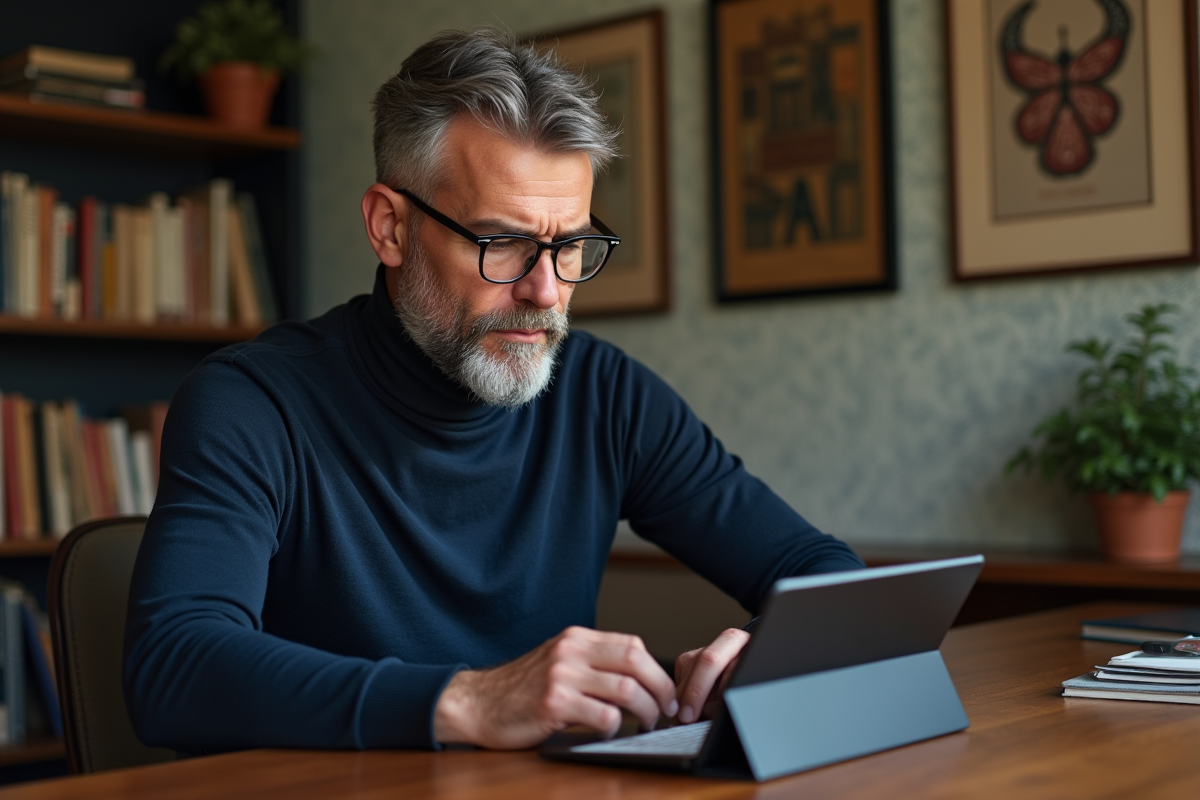 Homme d age lisant un ebook sur une tablette dans son bureau