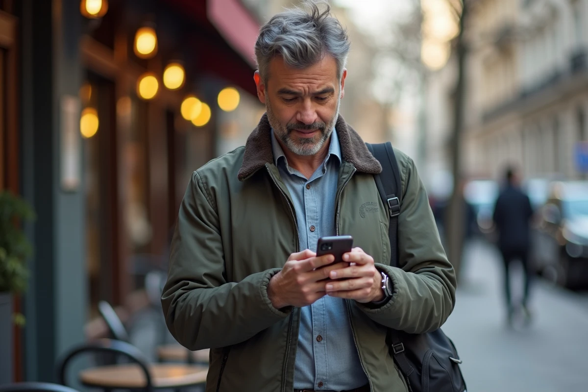Homme dans un café urbain lisant son smartphone avec curiosite