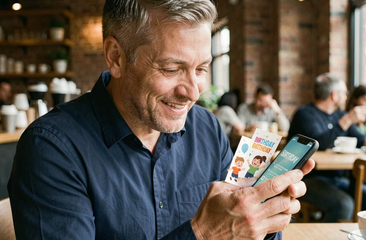 Homme tenant un smartphone affichant une carte d'anniversaire animée dans un café moderne avec décor urbain