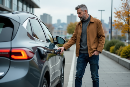 Homme en automne chargeant une voiture hybride en extérieur