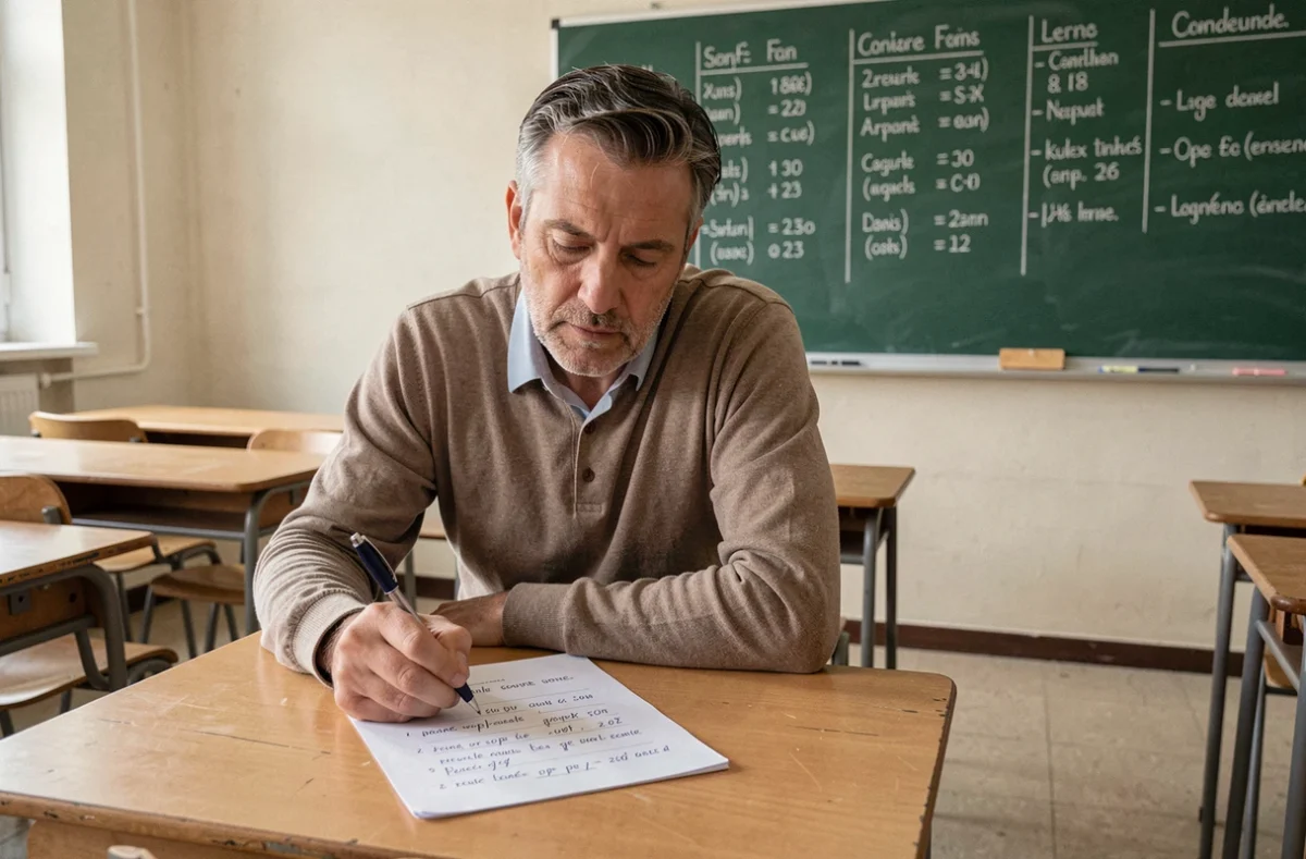 Homme adulte réfléchissant à un exercice de conjugaison française dans une salle de classe avec tableau vert