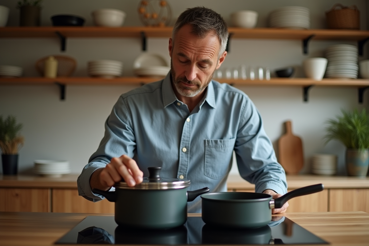 Homme en cuisine soulevant le couvercle d