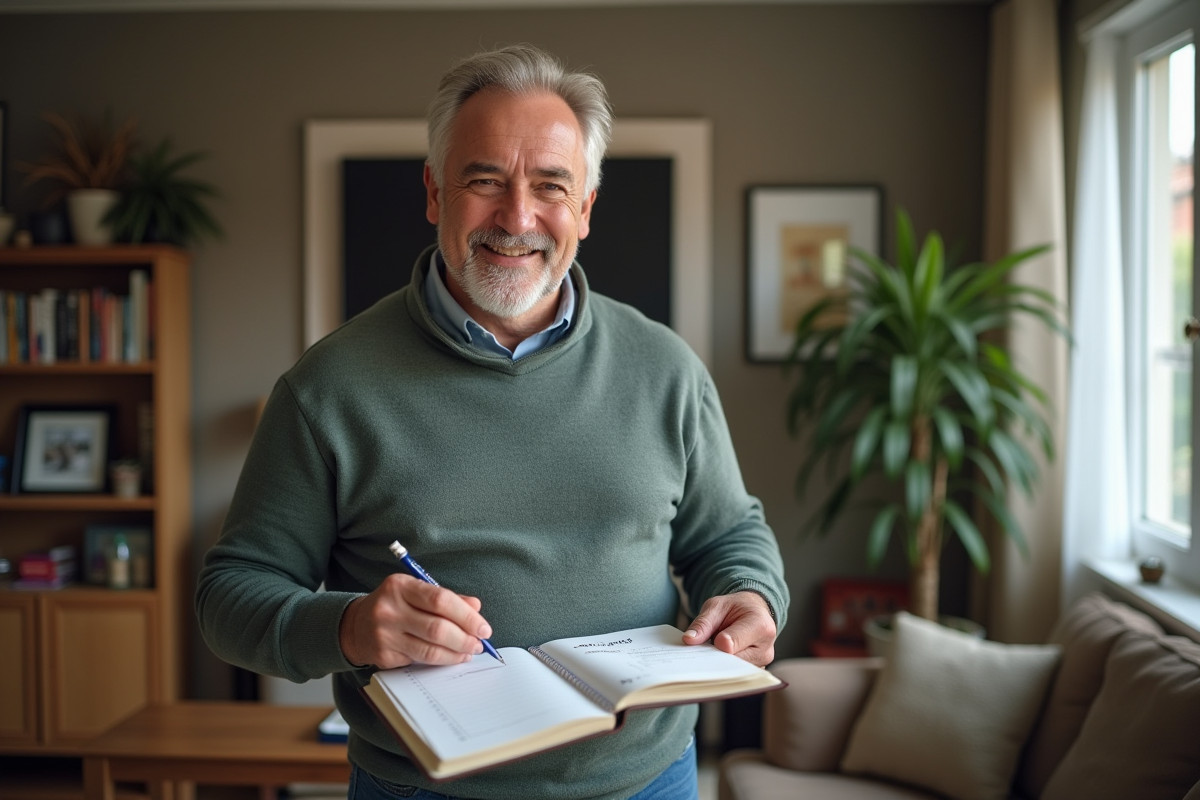 Homme souriant en notant ses dettes sur un carnet