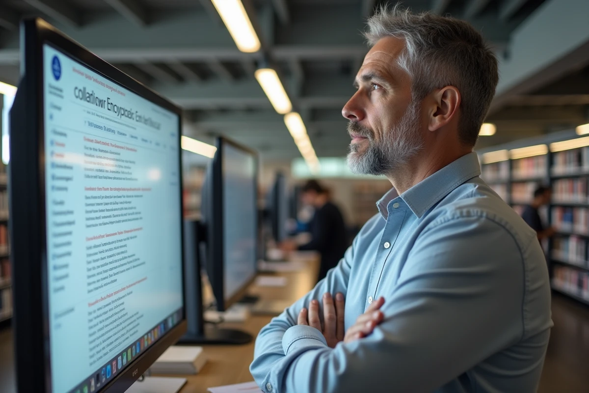 Homme évaluant la fiabilité d'une encyclopédie collaborative en ligne dans une bibliothèque moderne avec grand écran affichant l'historique des modifications