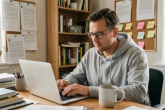 Homme consultant des avis consommateurs sur un forum en ligne depuis son bureau à domicile