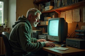Homme nostalgique devant un vieux moniteur CRT naviguant sur un forum rétro entouré de caméscopes JVC et cassettes VHS