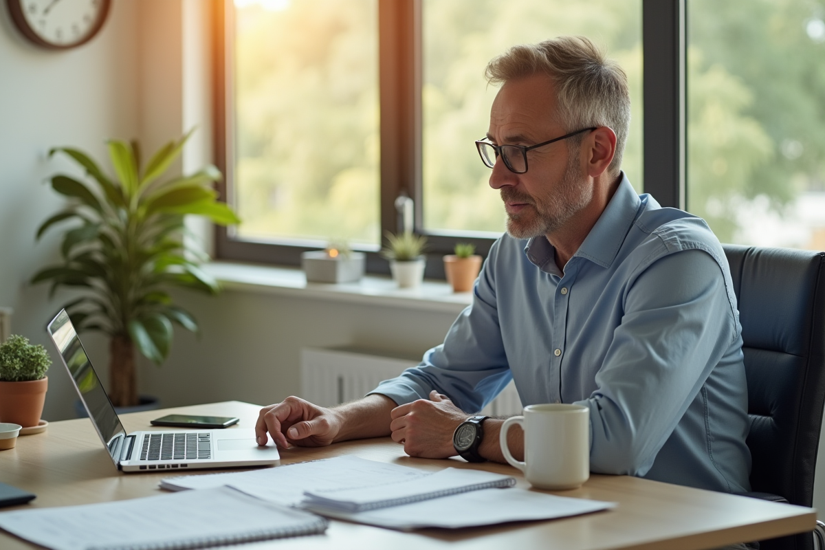 Homme mature planifiant ses finances dans un bureau lumineux