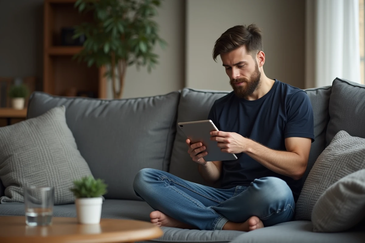 Homme consultant des solutions pour un jeu d'escape Room sur tablette iOS dans un salon moderne