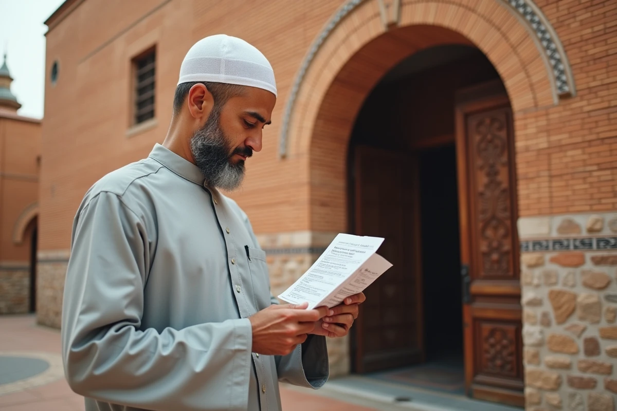 Homme consultant les horaires de prière devant une mosquée en briques à Toulouse