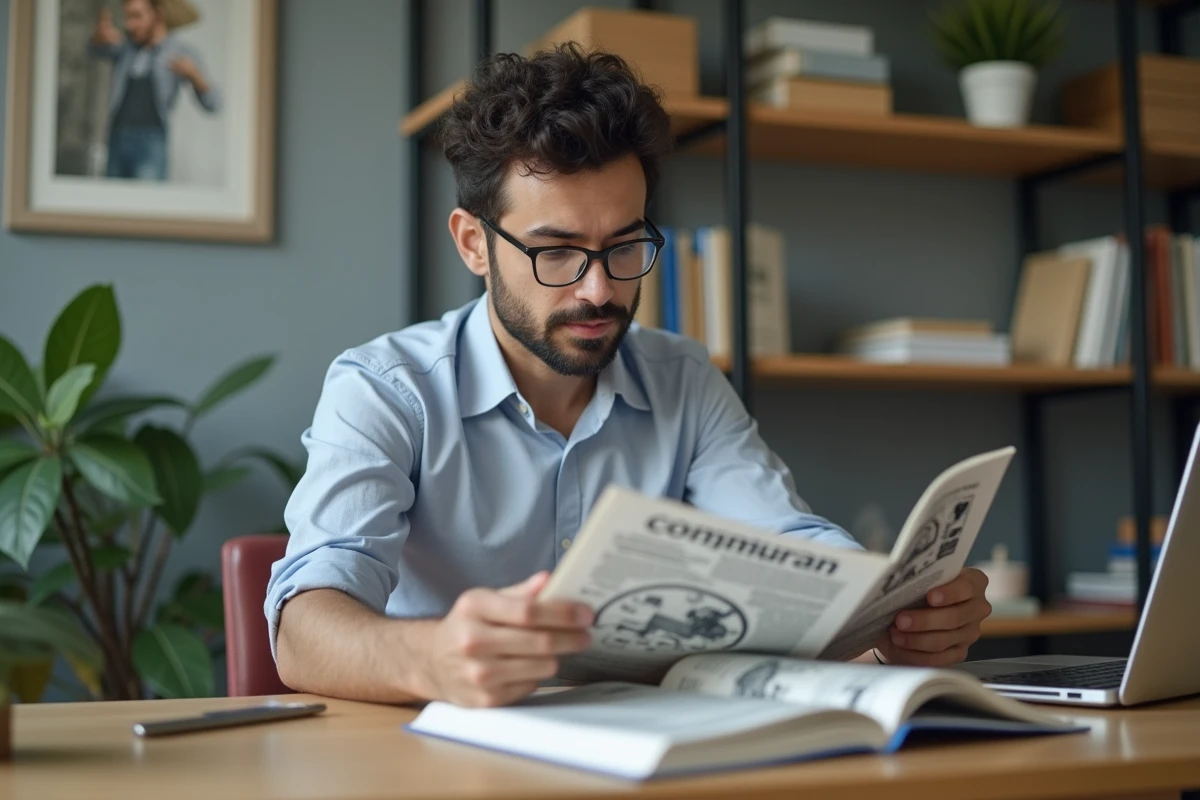 Un homme lisant des bandes dessinées dans un bureau calme et moderne