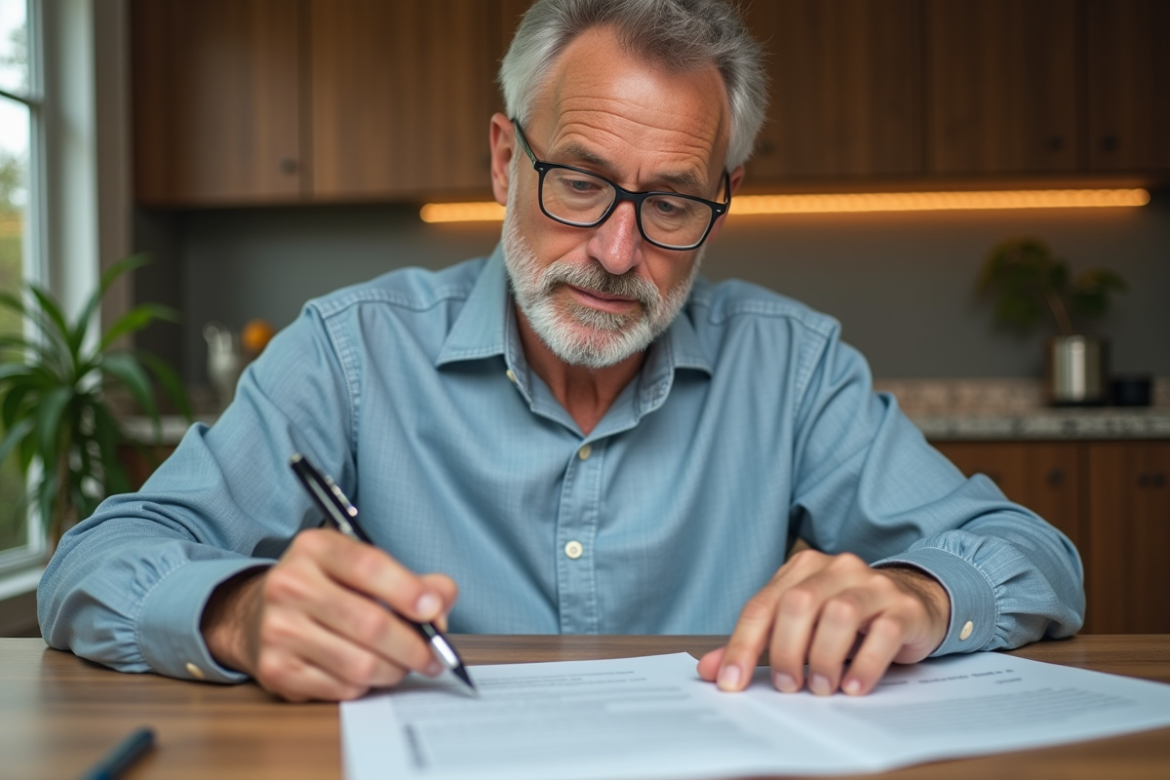 Homme d'âge moyen examinant des documents de prêt immobilier