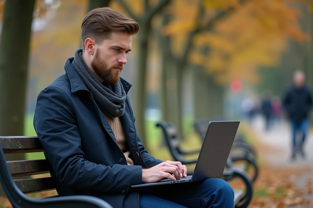Jeune homme lisant sur un banc dans un parc