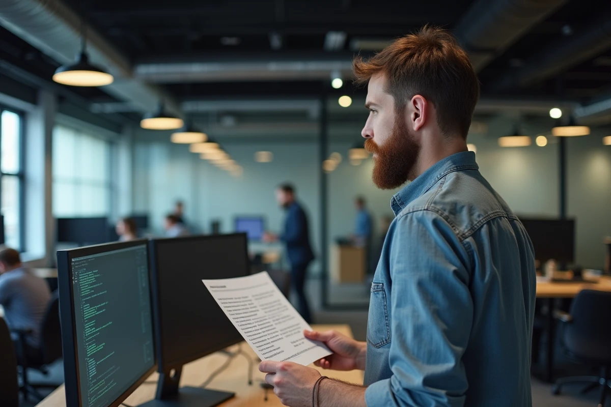 Homme consultant une liste de sites web dans un bureau en open space avec double écran