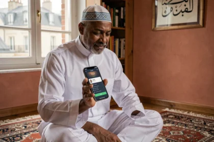 Homme musulman consultant les horaires de prière sur smartphone à Toulouse, assis sur un tapis de prière