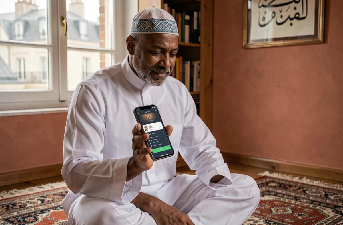 Homme musulman consultant les horaires de prière sur smartphone à Toulouse, assis sur un tapis de prière