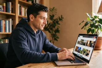 Homme parcourant une plateforme de vidéos en ligne sur son ordinateur portable dans un bureau à domicile