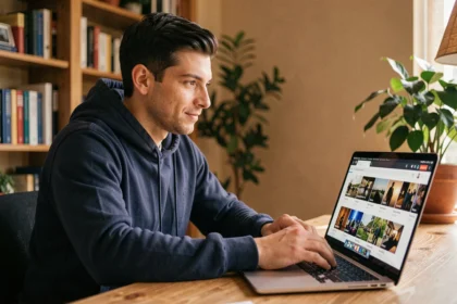 Homme parcourant une plateforme de vidéos en ligne sur son ordinateur portable dans un bureau à domicile