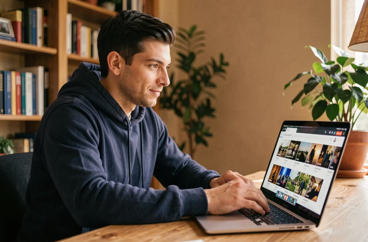 Homme parcourant une plateforme de vidéos en ligne sur son ordinateur portable dans un bureau à domicile