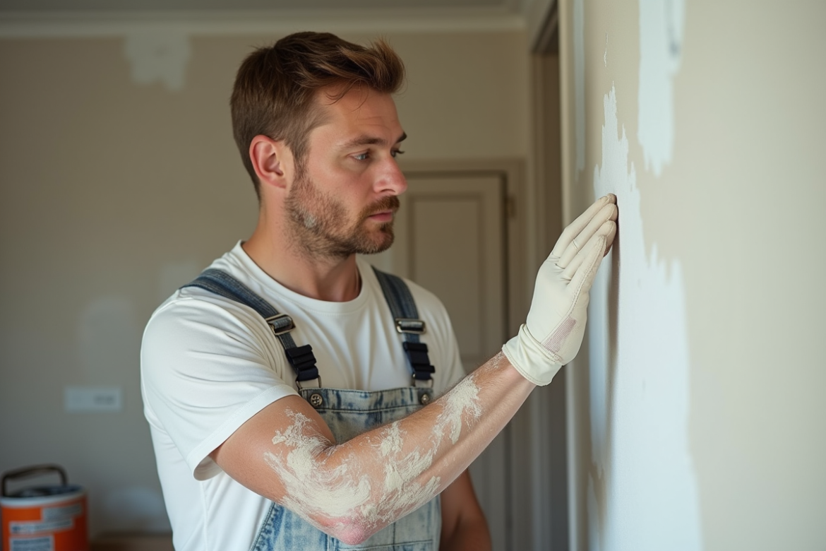 Homme peintre inspectant un enduit de mur fraîchement appliqué