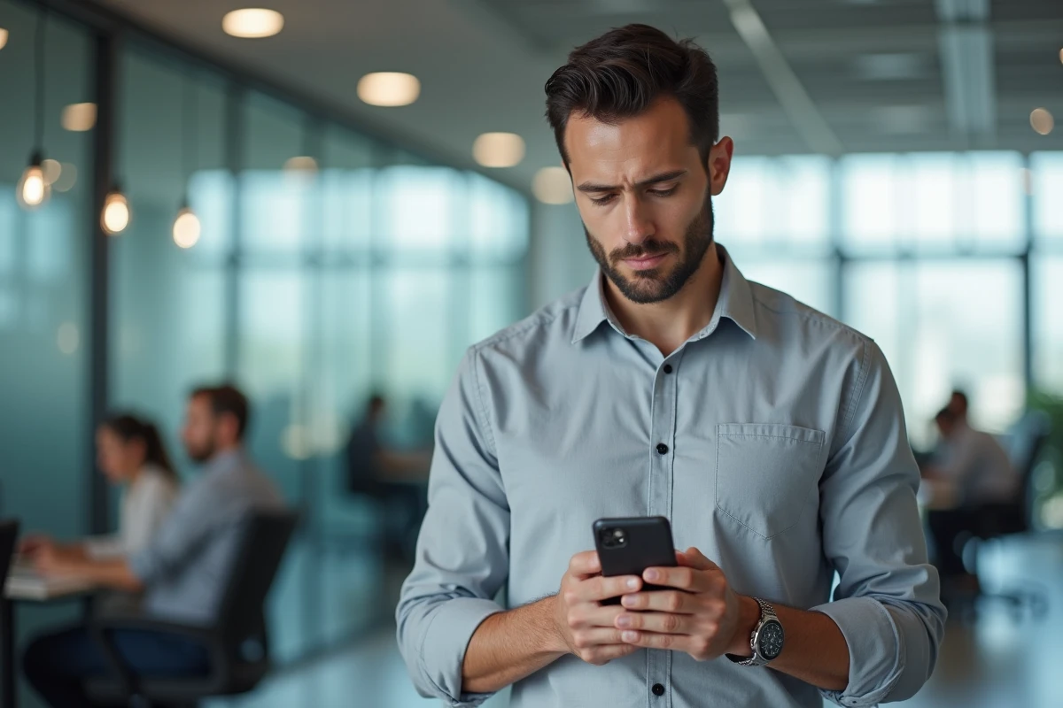 Homme d'affaires analysant les permissions d'une application mobile dans un bureau moderne, thème de la collecte de données numériques