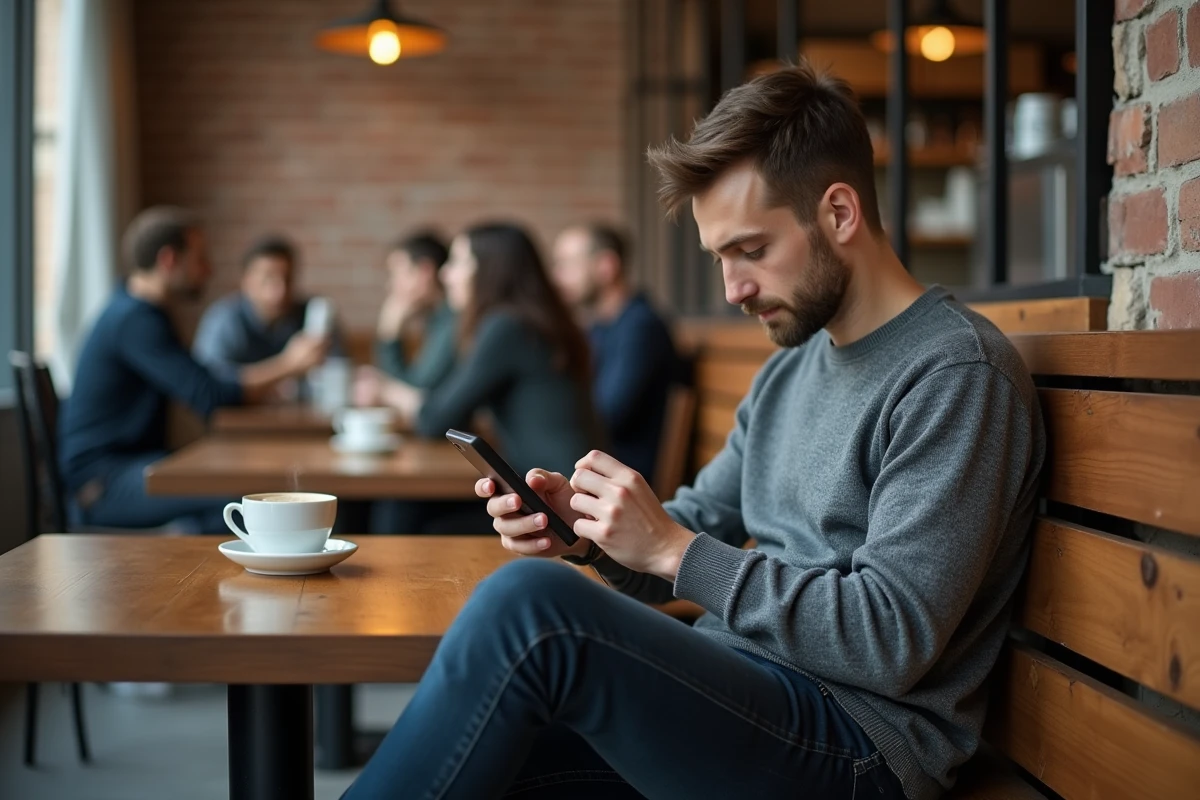 Homme consultant son profil professionnel sur smartphone dans un café urbain tendance