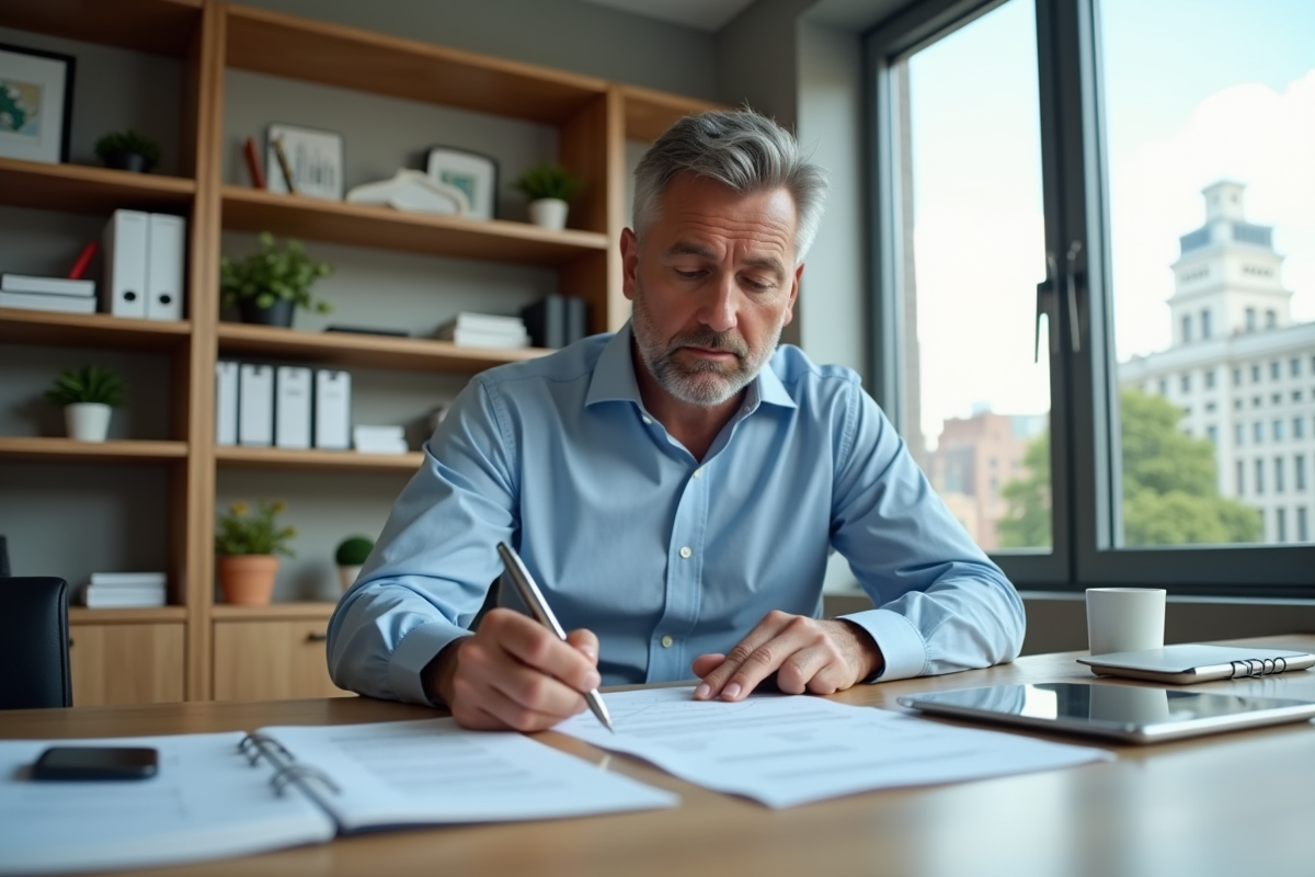 Homme en réunion analysant un rapport de projet