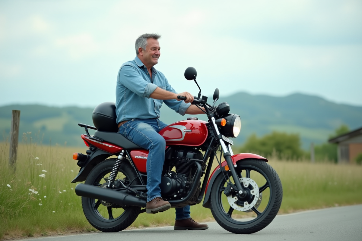 Homme souriant à côté de sa moto Magpower 125 en campagne