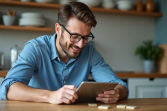Homme concentré jouant au Scrabble sur tablette dans la cuisine