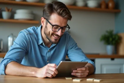 Homme concentré jouant au Scrabble sur tablette dans la cuisine