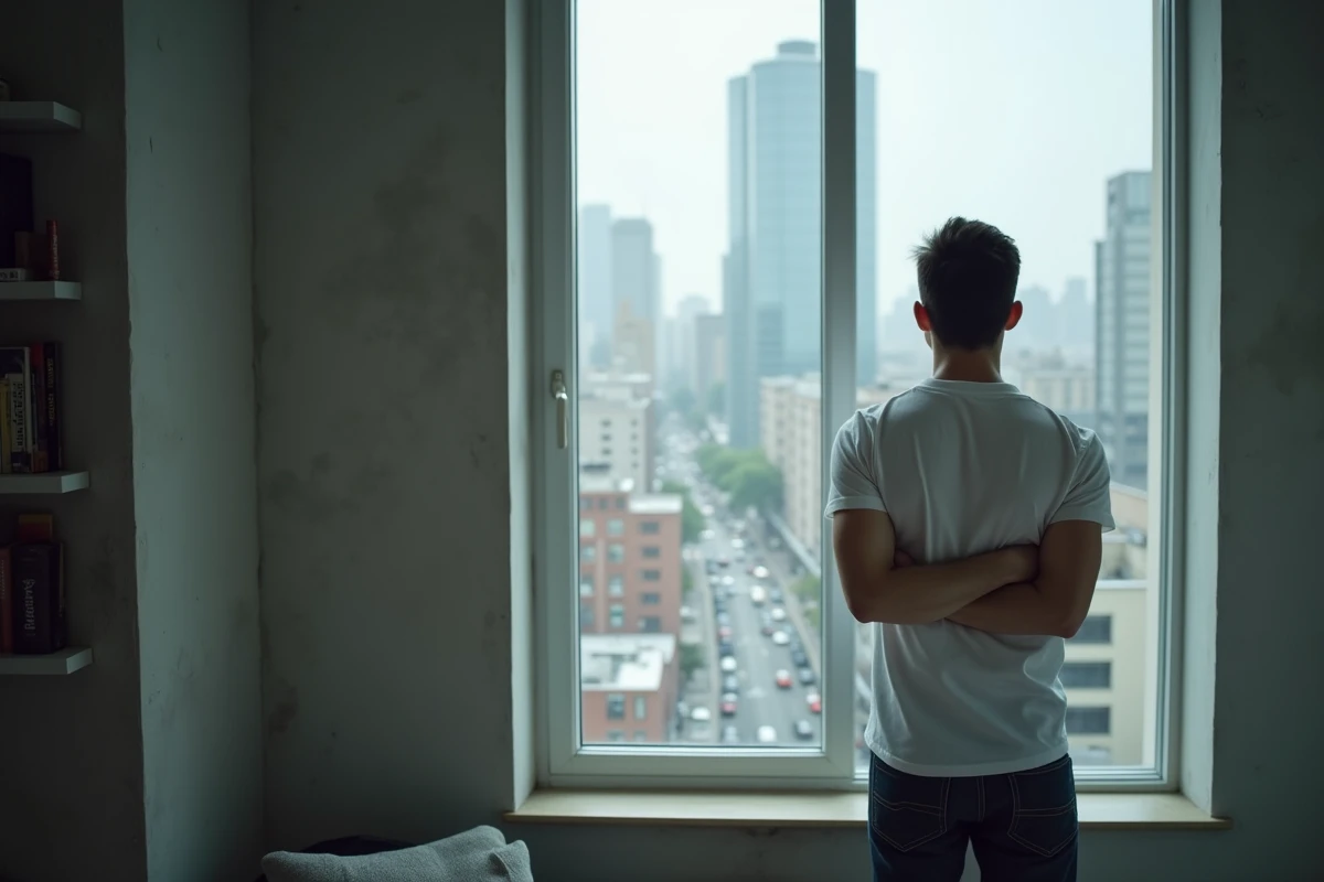 Homme songeur près d'une fenêtre d'appartement urbain, bras croisés, regard tourné vers la rue, atmosphère de réflexion intérieure