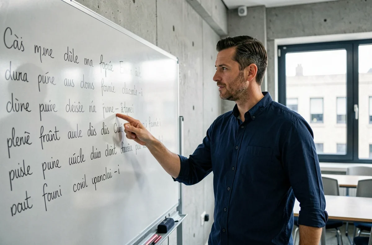 Homme devant un tableau blanc avec des groupes de mots rimant en i, dans un contexte pédagogique de rédaction créative