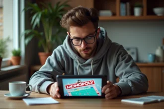Homme concentré jouant à Monopoly sur tablette dans un appartement